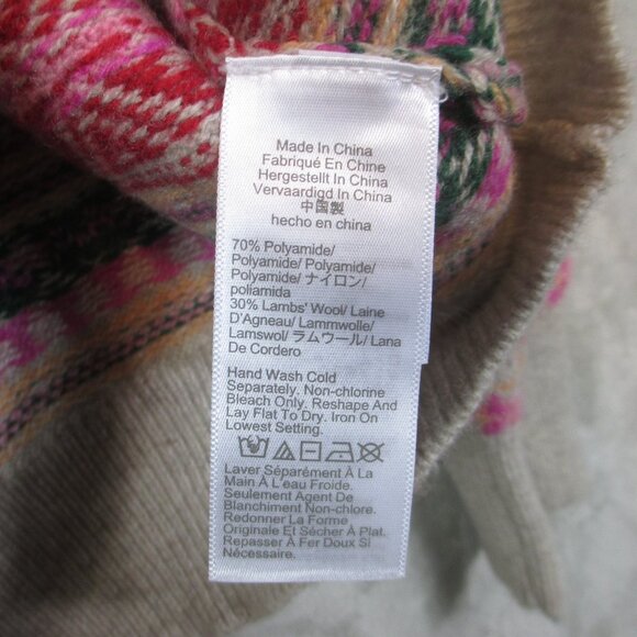 J. CREW Puff-Sleeve Fair Isle Crewneck Sweater Cherry Print Tan Pink Sz Large - Picture 9 of 12